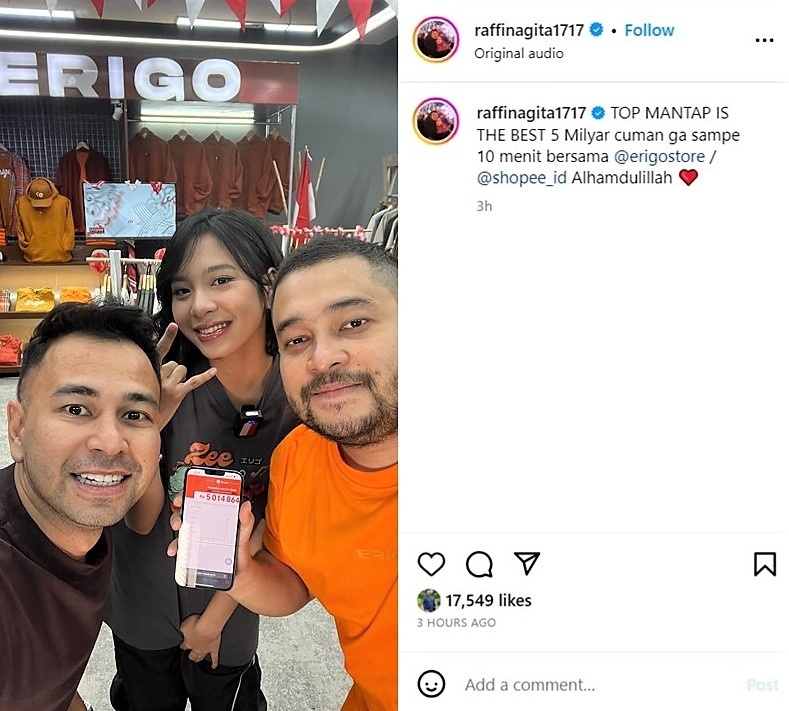 Sesi Shopee Live Erigo bersama Raffi Ahmad. (Sumber: IG Post @raffinagita1717)