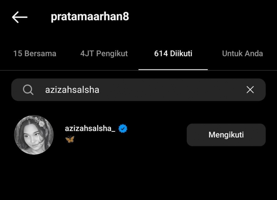 Pratama Arhan sudah follow Instagram Azizah Salsha (Instagram)