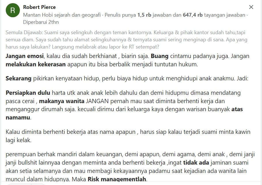 Suami selingkuh Quora. (Dok. Quora/Tangkapan Layar)