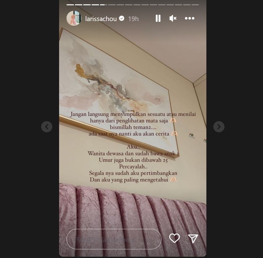 Larissa Chou memberikan pernyataan soal calon suaminya, Ikram Rosadi yang ditolak oleh warganet. [Instagram]