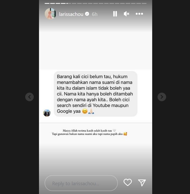 Larissa Chou menjelaskan soal alasannya menambahkan nama "Gunawan" di akun Instagram-nya. 