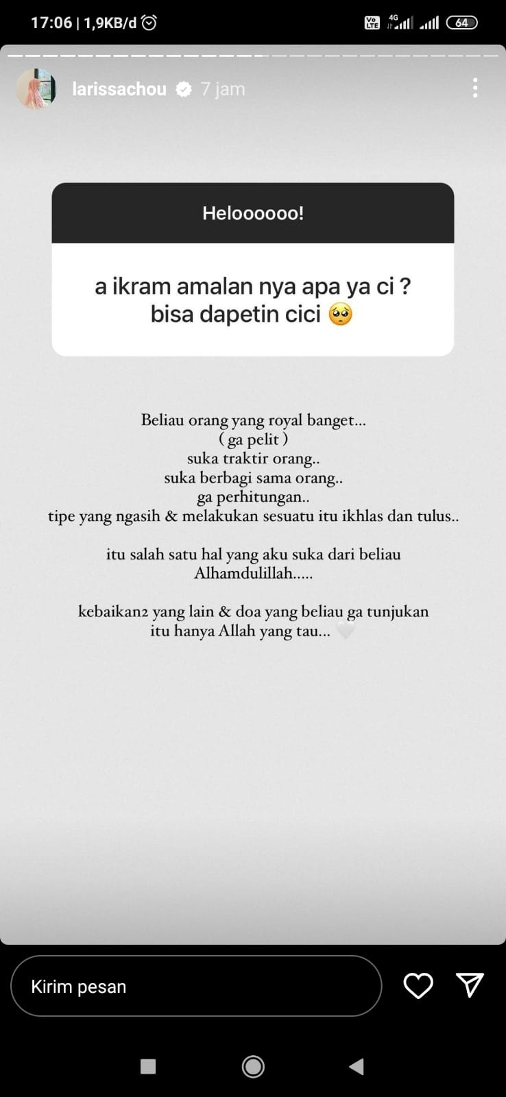 Story Larissa Chou tentang Ikram Rosadi (Instastory @larissachou)