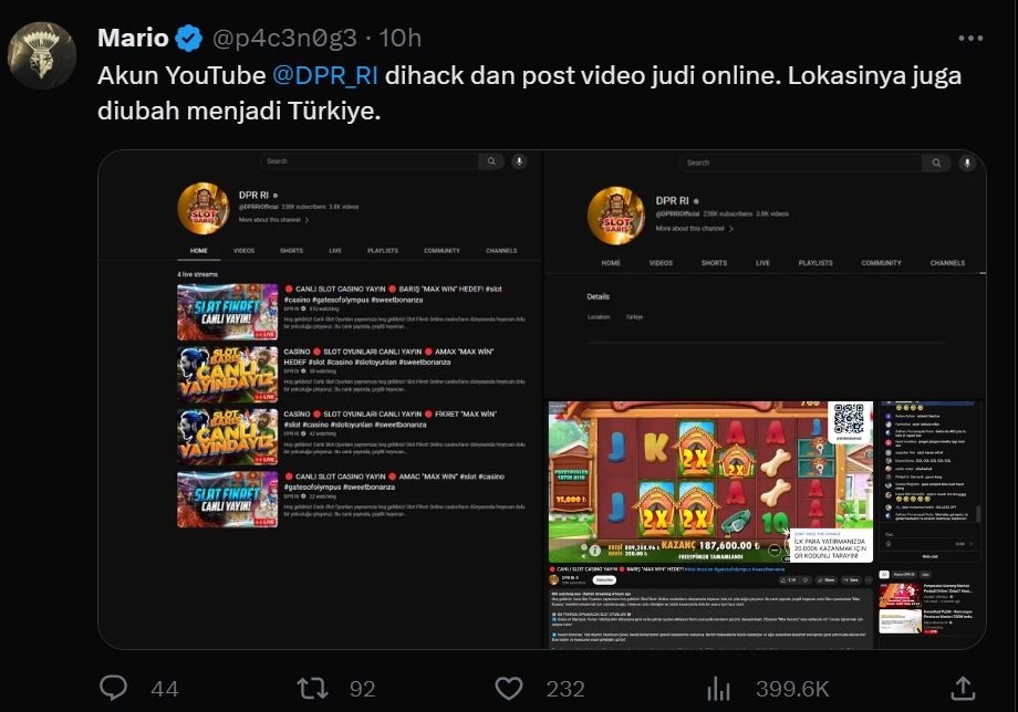 Tangkapan layar akun YouTube DPR RI terkena hack. (Twitter p4c3n0g3)