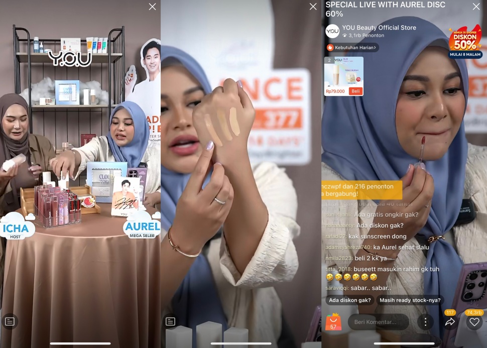 Tangkapan layar sesi live streaming YOU x Aurel Hermansyah di Shopee Live, Jumat (8/9/2023). (Dok: Istimewa)