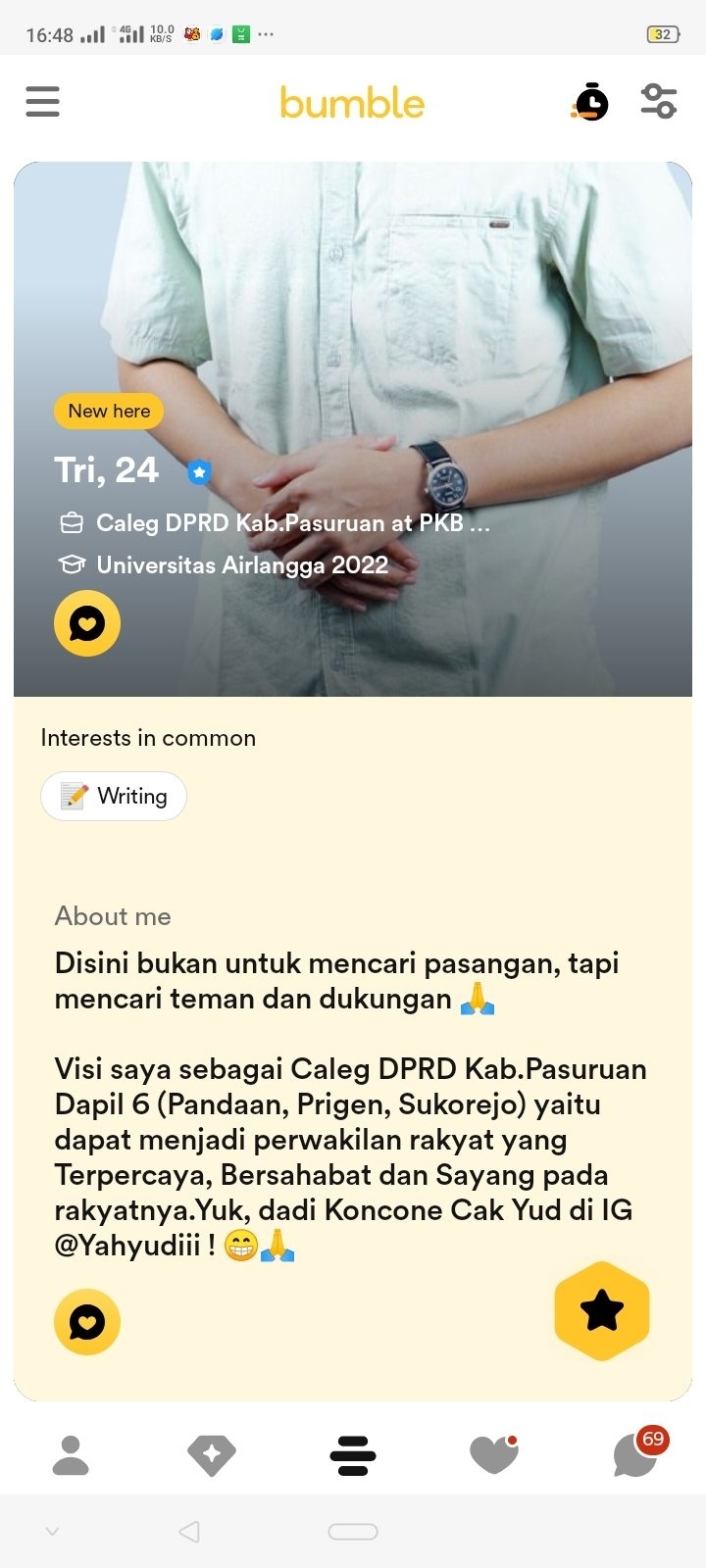 Akun Bumble caleg muda Tri Wahyudi. (X)