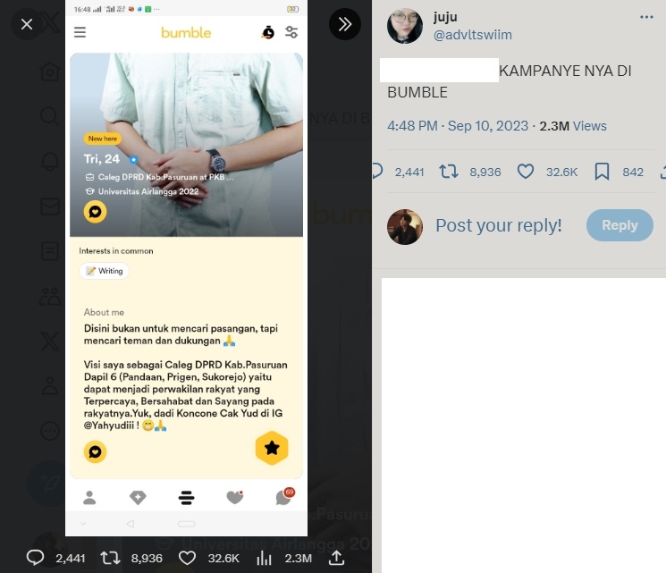 Calon DPRD Kabupaten Pasuruan mencari dukungan untuk aplikasi Bumble.  (twitter/advltswiim)