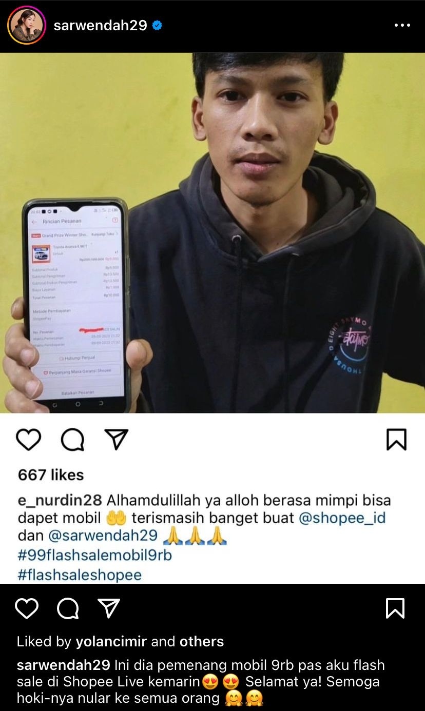 Pemenang Flash Sale Mobil 9RB di Shopee Live: Toyota Avanza 1.3 E M/T. (Sumber: Instagram @sarwendah29) 