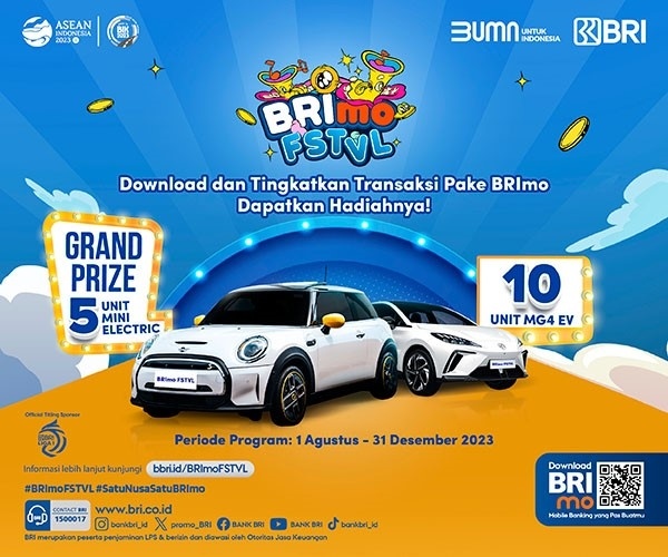 Program BRImo FSTVL, dengan hadiah utama mobil listrik, berupa 5 Mini Electric dan 10 unit MG4 EV - Ignite. (Dok: BRI)