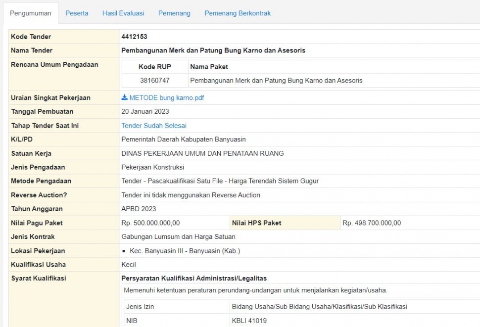 Biaya proyek pembuatan patung Bung Karno di Banyuasin.  (LPSE)