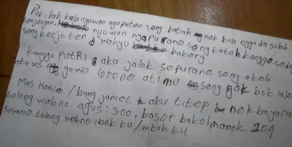 Surat wasiat dari karyawan yang bunuh diri di pabrik roti Ngawi, (Instagram/@infongawi)