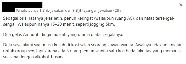 Pengakuan netizen pernah ikut pesta seks. (Tangkapan Layar/Quora)