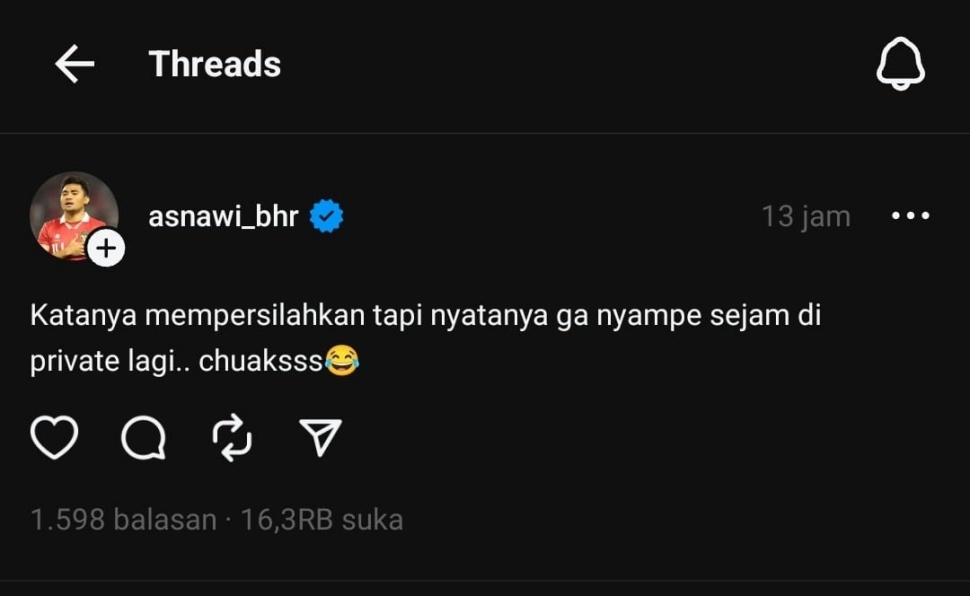 Sindiran Asnawi Mangkualam untuk penghina Pratama Arhan (Threads)