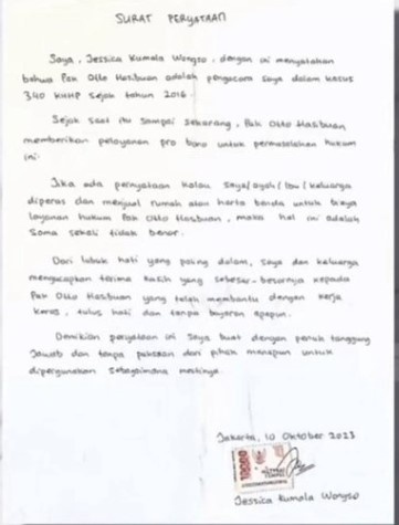 Surat penyataan Jessica Wongso (X)