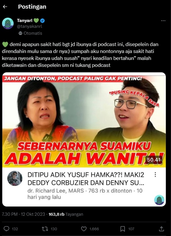 Richard Lee dikritik tidak menghormati narasumber (Twitter)