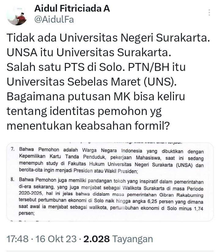 Kesalahan dalam putusan MK soal syarat Capres dan cawapres. [Twitter]