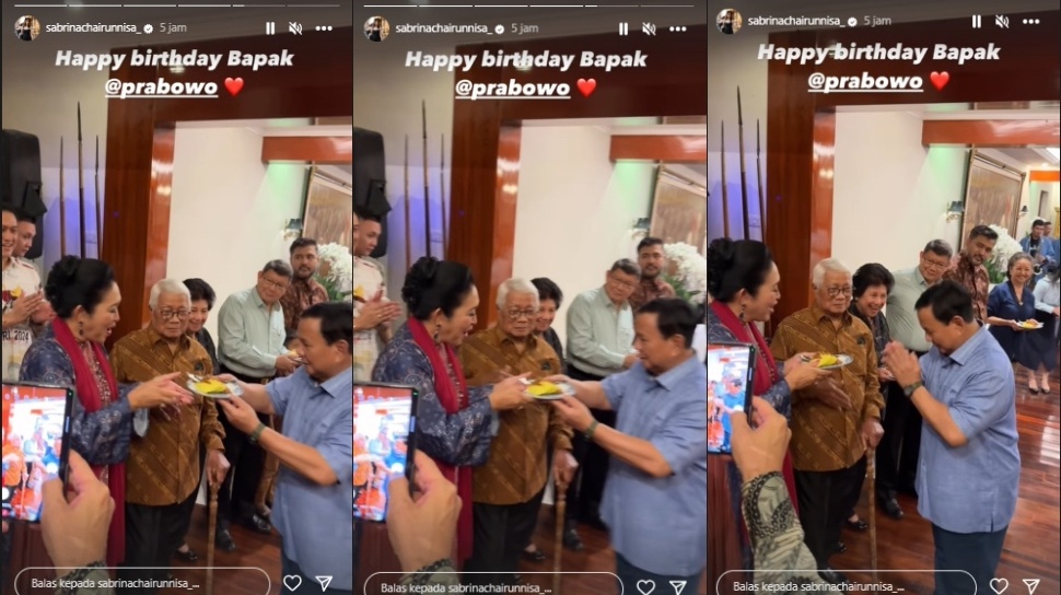 Prabowo Subianto memberi potongan tumpeng ke mantan istri Titiek Soeharto (Instagram @sabrinachairunnisa_)