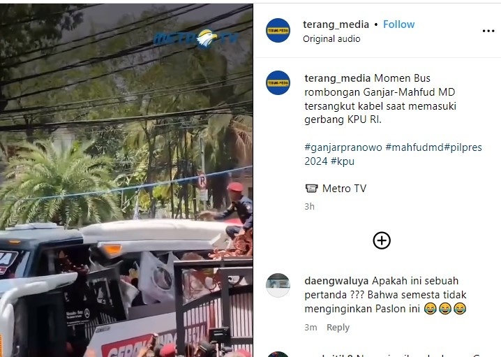 Momen bus rombongan Ganjar-Mahfud nyangkut kabel (Instagram)