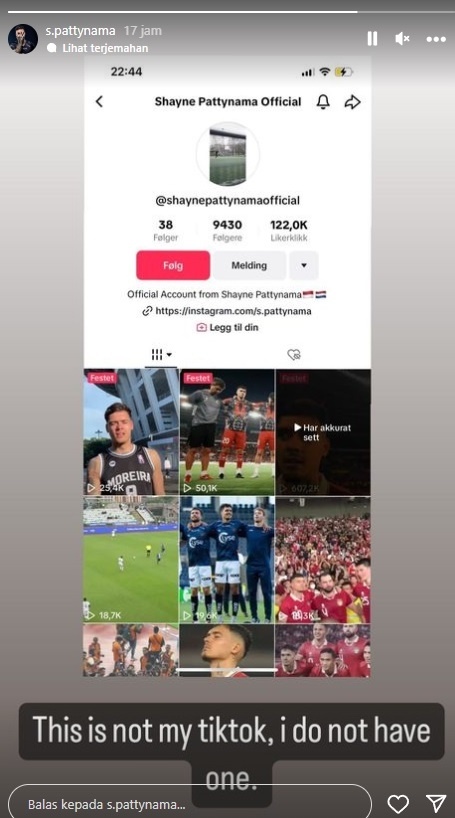 Bek sayap Timnas Indonesia, Shayne Pattynama membantah punya akun TikTok setelah ada orang yang mengaku-ngaku sebagai dirinya di platform media sosial tersebut. [IG/@s.pattynama]