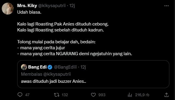 Kiky Saputri tidak takut dituduh sebagai buzzer Anies  Baswedan (Twitter)