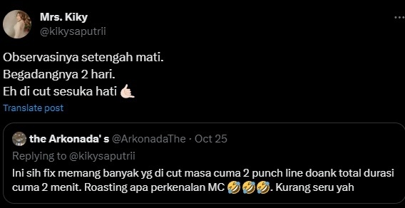 Kiky Saputri Kesal Tayangan Roasting Ganjar Pranowo Banyak Dipotong. (X)