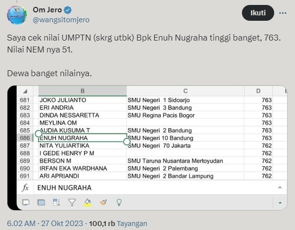 Nilai UMPTN dan IPK Enuh Nugraha. (x/wangsitomjero)