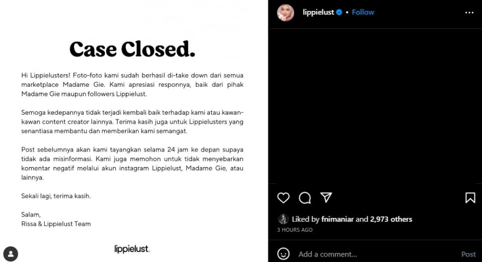 Madame Gie sudah hapus foto yang dicomot dari Lippielust (Instagram)