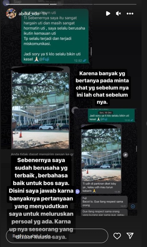 Abdul kembali membongkar chat dengan Fuji (Instagram)