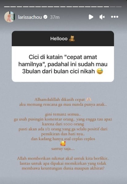 Balasan Larissa Chou dibilang terlalu cepat hamil (Instagram)