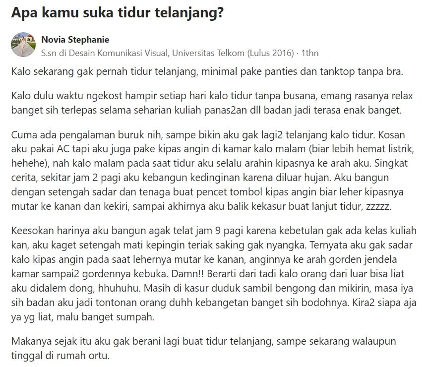 Cerita mahasiswi kapok tidur telanjang di kamar kos. (dok. Quora)