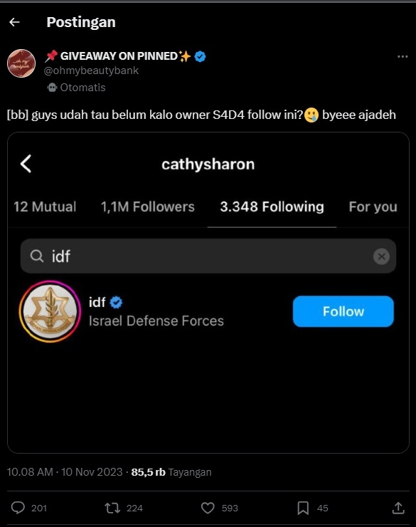 Cathy Sharon follow akun Instagram tentara Israel (Instagram)