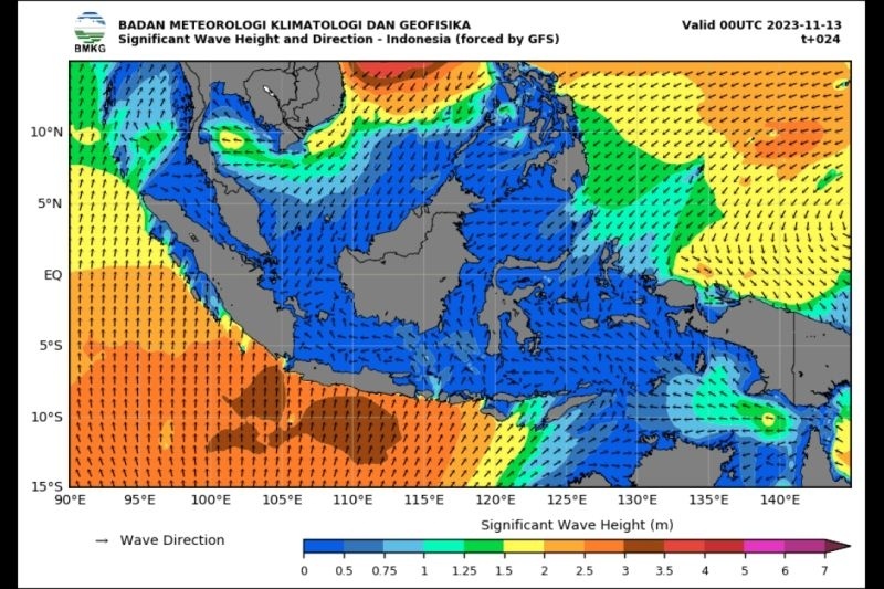 Peta potensi gelombang tinggi yang dirilis Badan Meteorologi Klimatologi, dan Geofisika (BMKG) pada Senin (13/11/2023)  [ANTARA/HO-BMKG]