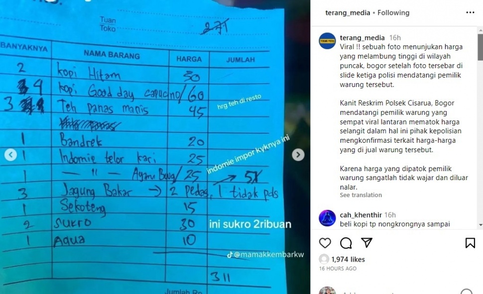 Harga makanan di warung Puncak, Bogor (Instagram)