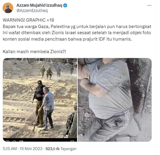 Pria lansia Gaza dijadikan konten Israel (X/Tangkapan Layar)