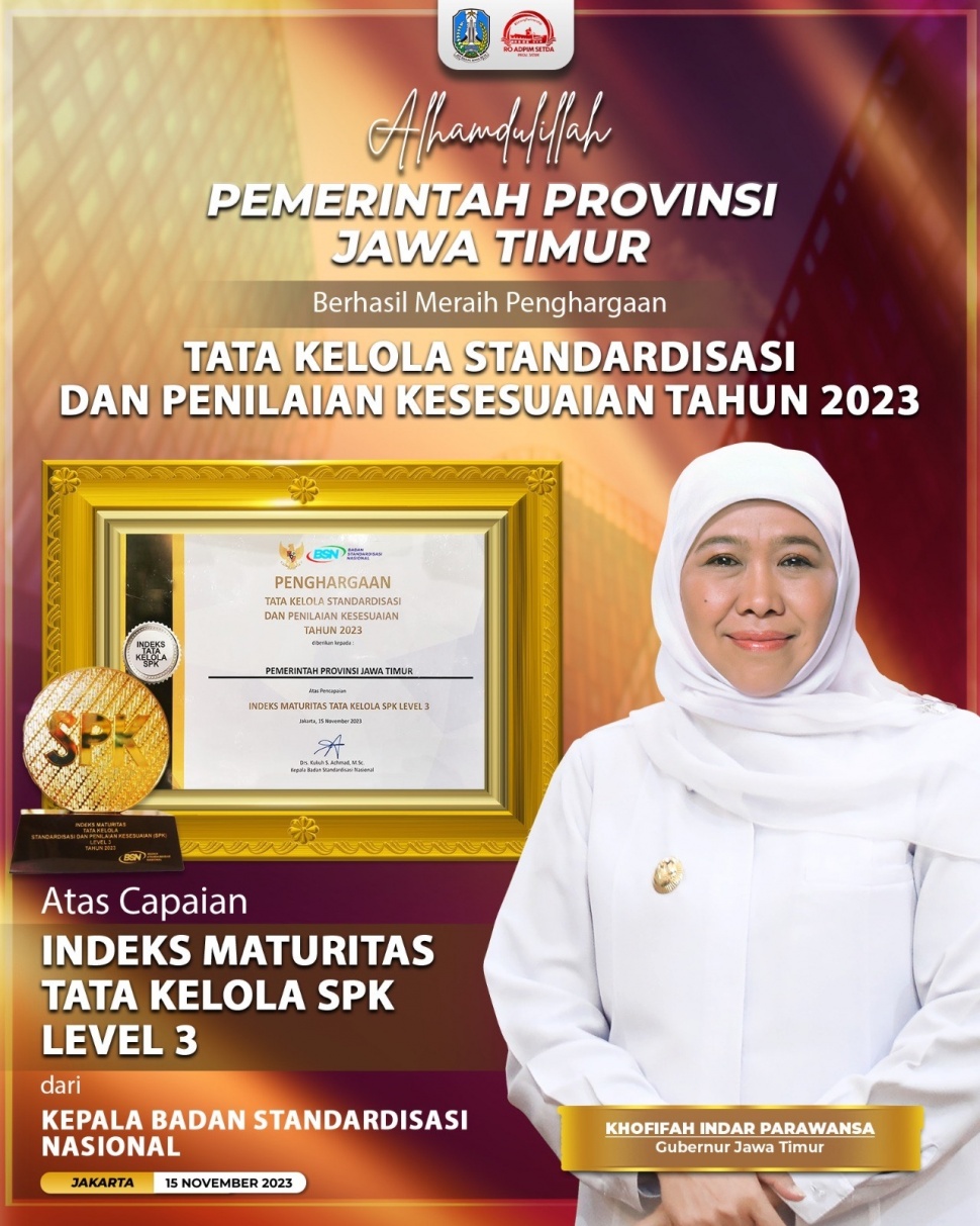 Provinsi Jawa Timur meraih penghargaan SPK Tata Kelola Tahun 2023 Kategori Pemerintahan Daerah dari BSN.  (Dok: Pemprov Jatim)