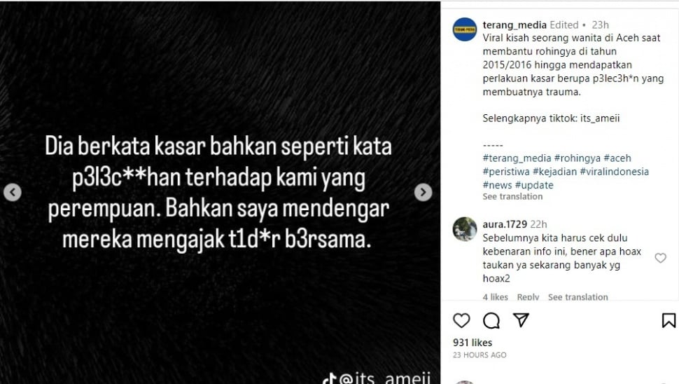 Curhatan perempuan di kamp pengungsian Rohingya (Instagram/terang_media)