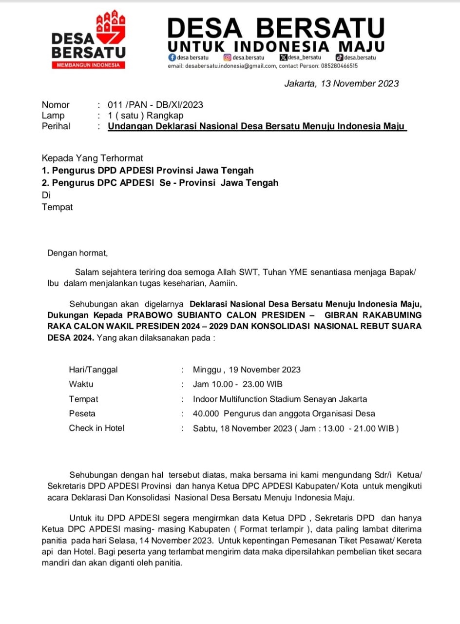 Surat undangan Gerakan Desa Bersatu untuk pemenangan capres-cawapres Prabowo Subianto-Gibran Rakabuming Raka viral di media sosial. [Platform X]