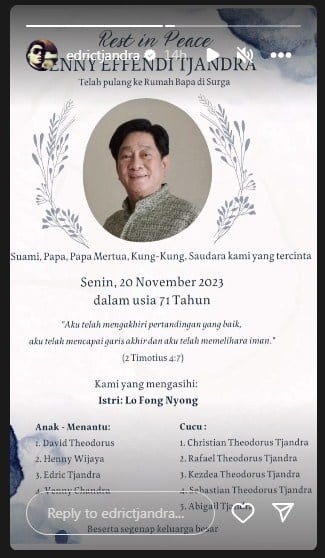 Ayah Edric Tjandra meninggal dunia [Instagram/@edrictjandra]