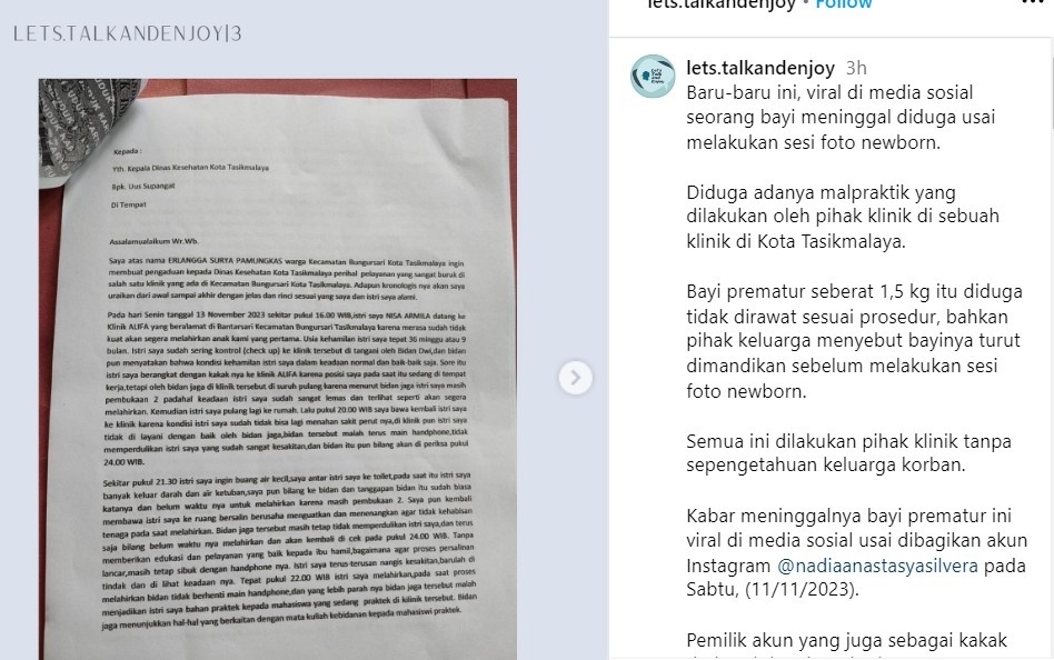 Isi surat ayah bayi prematur (Instagram)