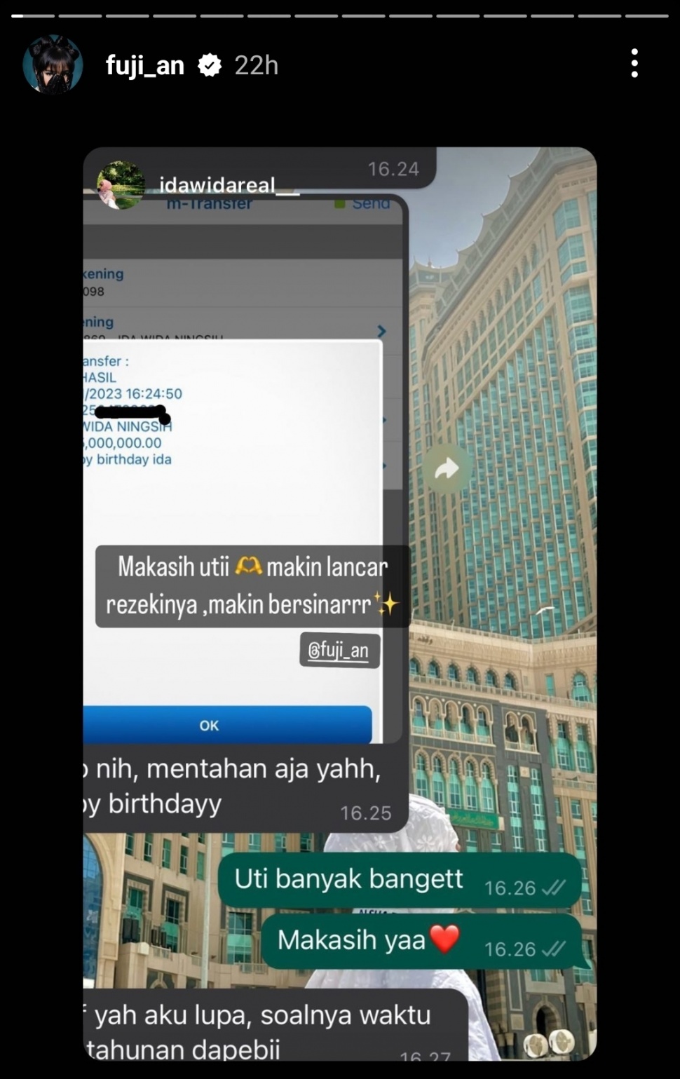 Fuji Mentransfer Sejumlah Uang Untuk Pengasuh Gala Sky, Ida (Instagram)