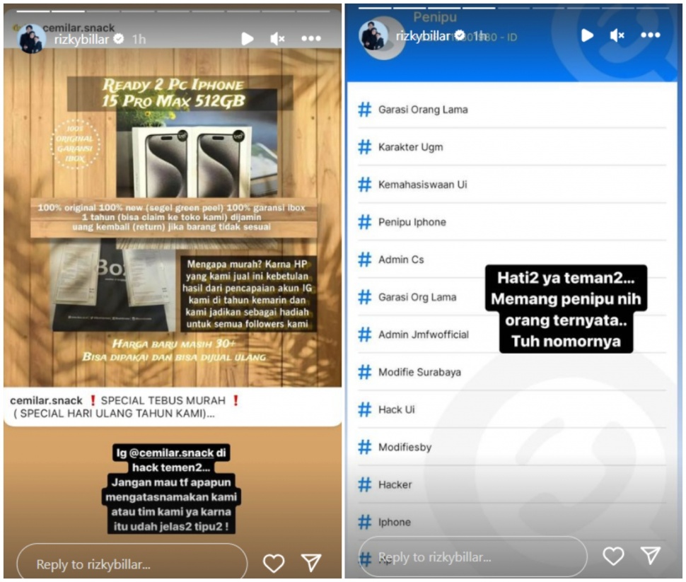 Penipu akun bisnis Rizky Billar dan Lesti Kejora (Instagram)