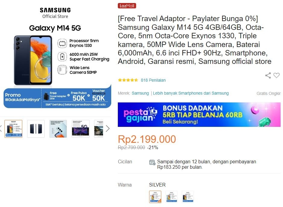 Update biaya Samsung Galaxy M14 5G periode November 2023. (Lazada)