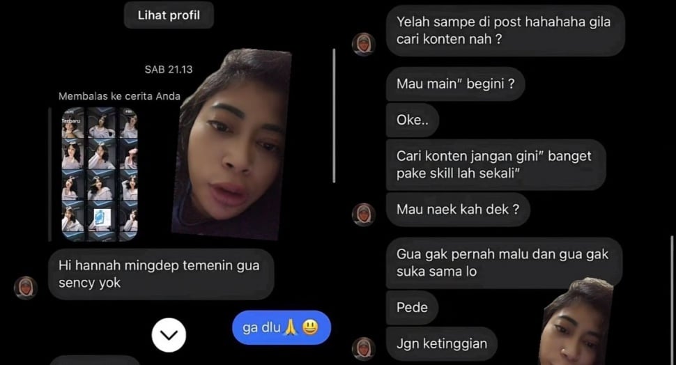 Tangkap layar DM Vadel Bajideh kekasih Lolly ke TikToker Hanna Shahab (TikTok)