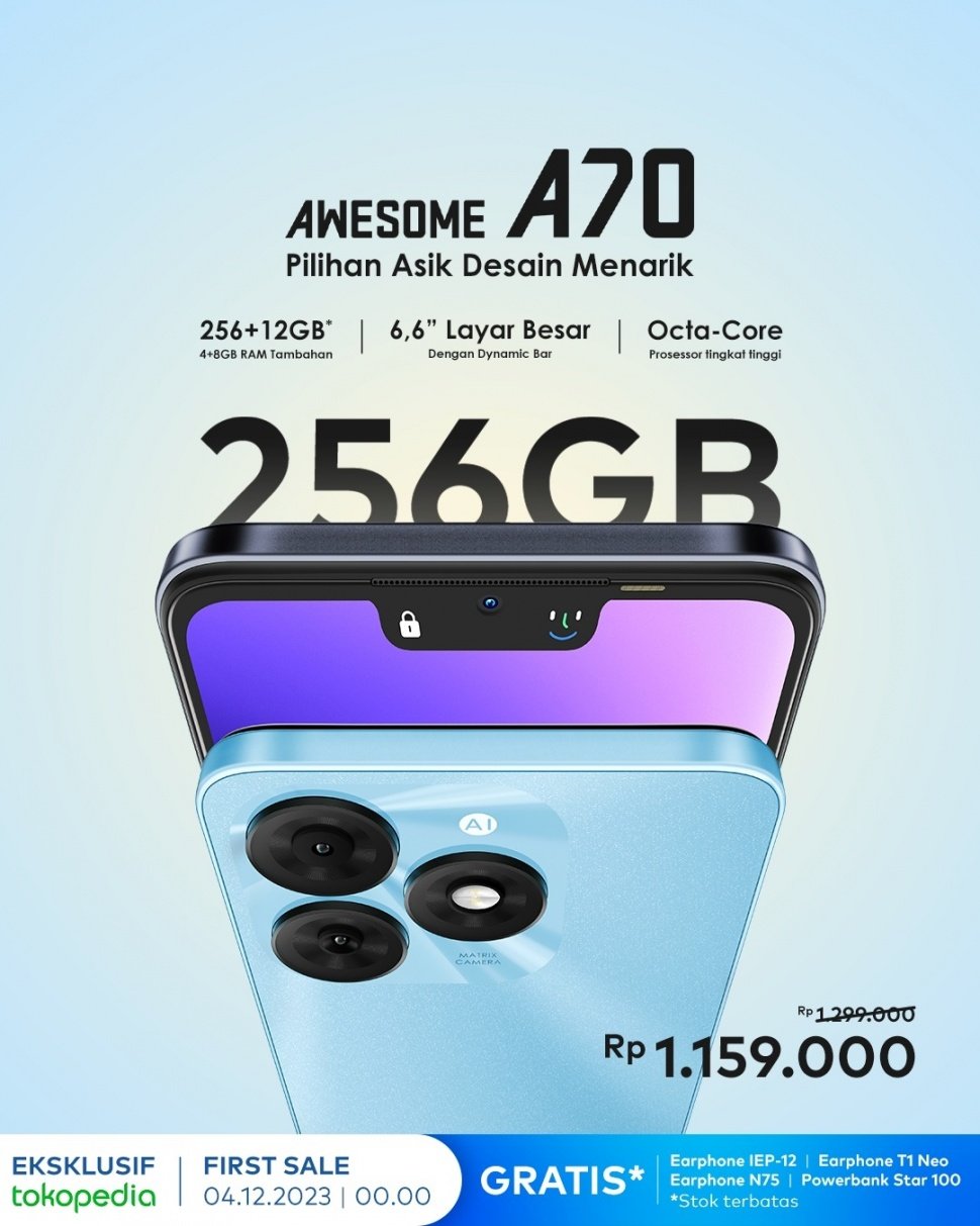 Harga Itel A70 memori 256 GB dibanderol Rp 1 jutaan saja. (Itel Indonesia)