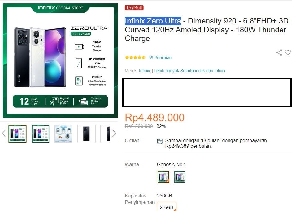 Harga Infinix Zero Ultra turun signifikan pada Desember 2023. (Lazada)
