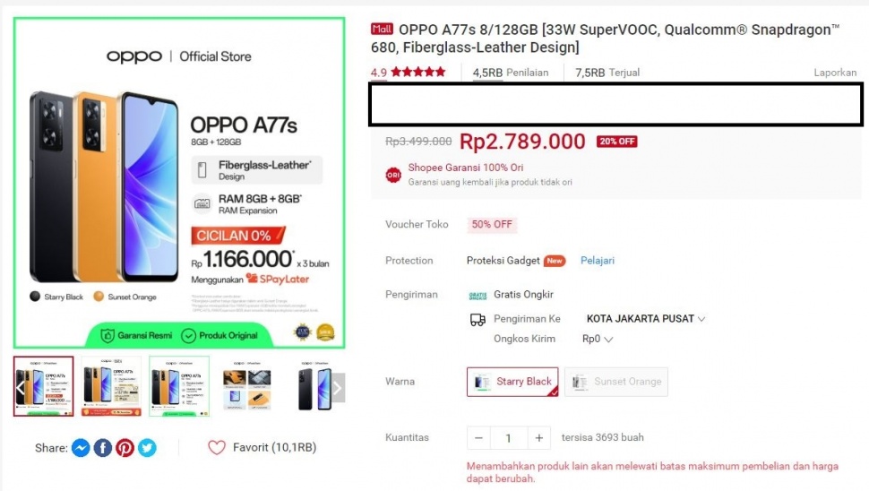 Update harga Oppo A77s periode Desember 2023. (Shopee)