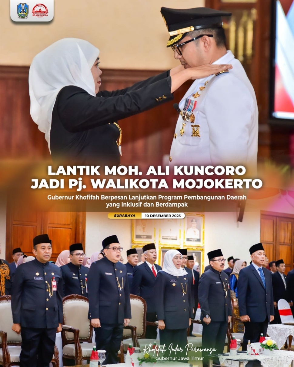 Gubernur Jatim, Khofifah Indar Parawansa melantik Moh. Ali Kuncoro sebagai Penjabat (Pj) Wali Kota Mojokerto di Gedung Negara Grahadi, Surabaya, Minggu (10/12/2023). (Dok: Pemprov Jatim)  