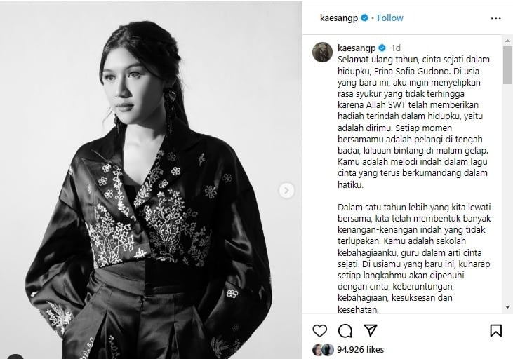 Pesan Romantis Kaesang Pangarep Beri Ucapan Ulang Tahun ke Erina Gudono. (Instagram/@kaesangp)