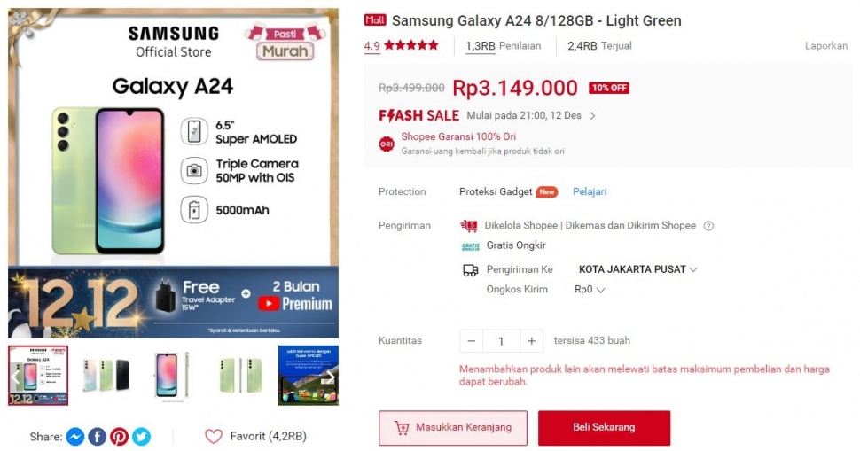 Harga Samsung Galaxy A24 makin murah pada Promo 12.12. (Shopee)