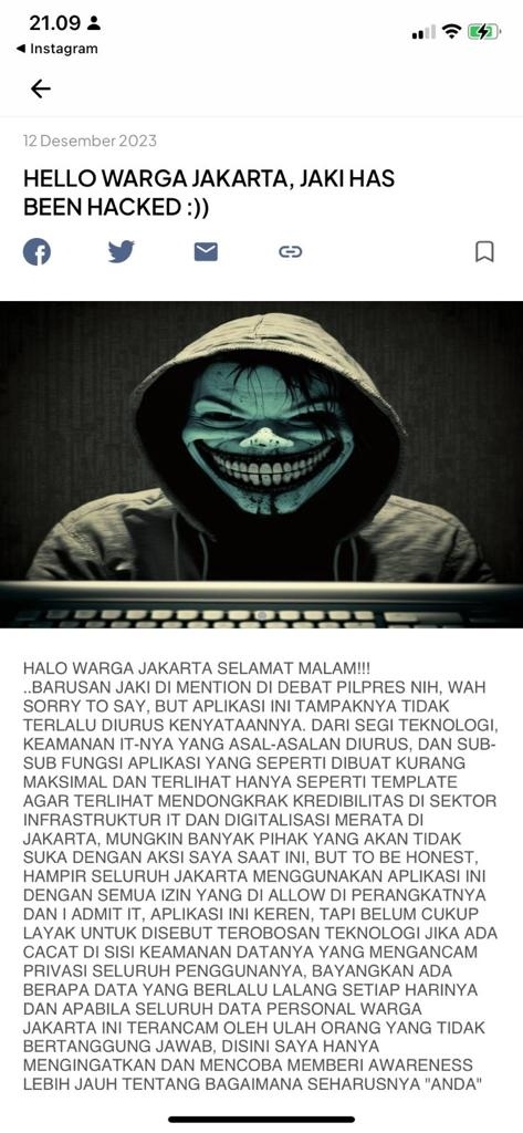 Aplikasi pengaduan Jakarta Kini atau JAKI milik Pemprov DKI Jakarta disebut diretas hacker. (tangkap layar)