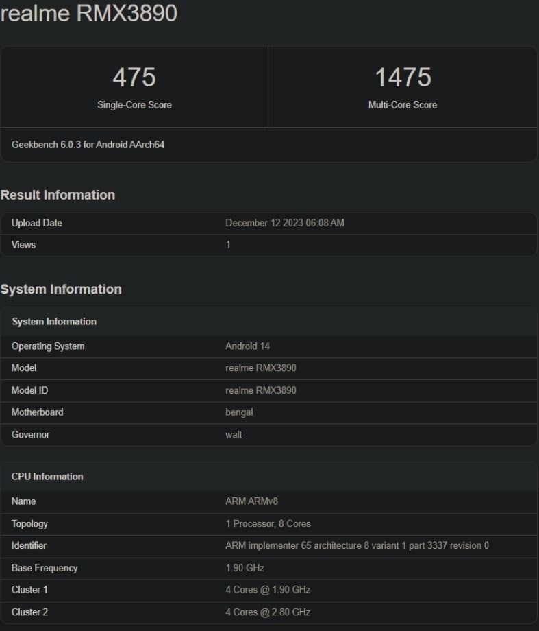 Realme C67 4G muncul di platform benchmark Geekbench. (Gizmochina)